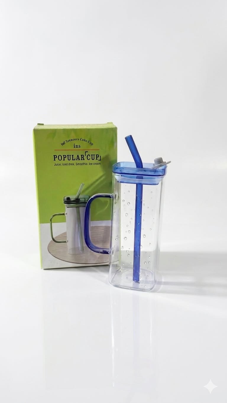 Glass Sipper mug  Water With Straw And Handle