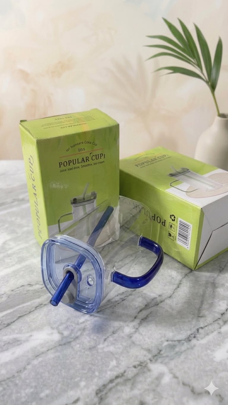 Glass Sipper mug  Water With Straw And Handle