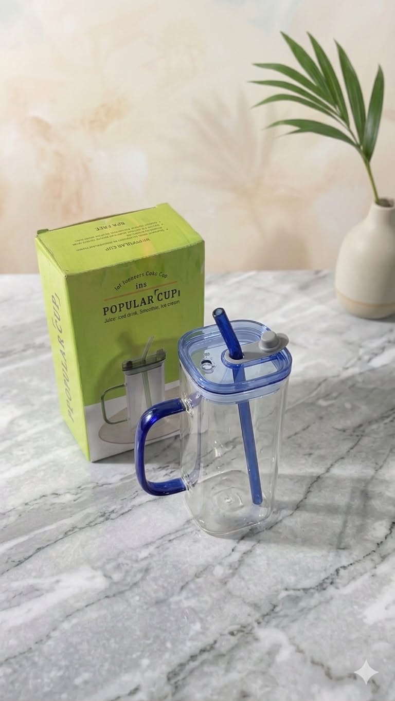 Glass Sipper mug  Water With Straw And Handle
