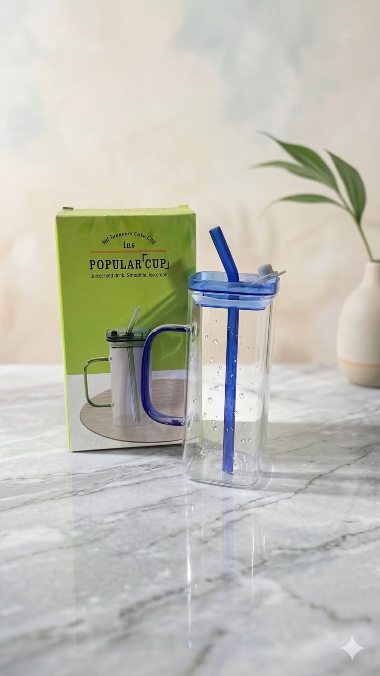 Glass Sipper mug  Water With Straw And Handle