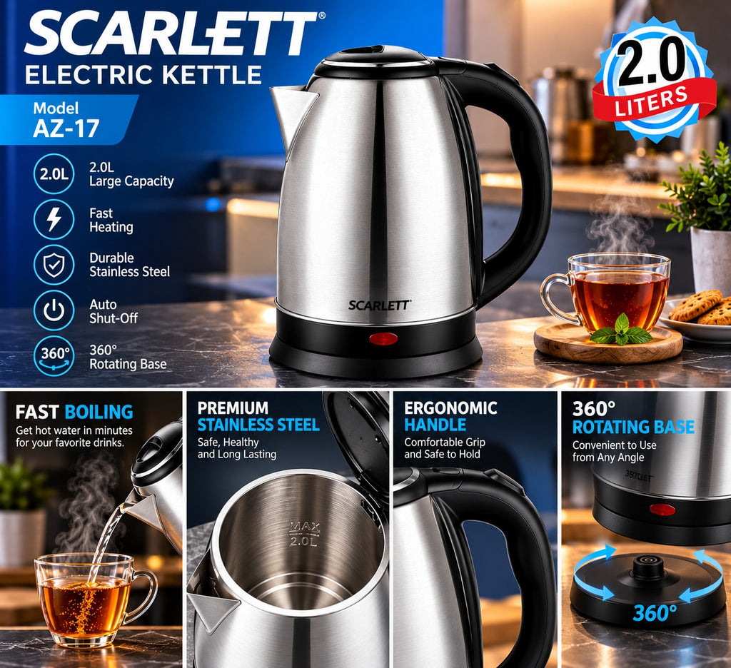 SCARLETT AZ-17 2.0L Stainless Steel Electric Kettle with Auto Shut-Off