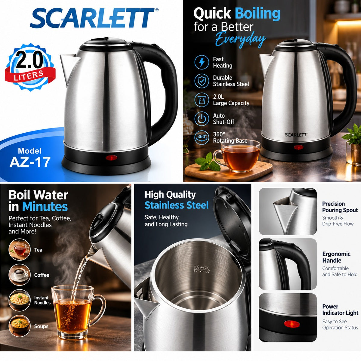 SCARLETT AZ-17 2.0L Stainless Steel Electric Kettle with Auto Shut-Off