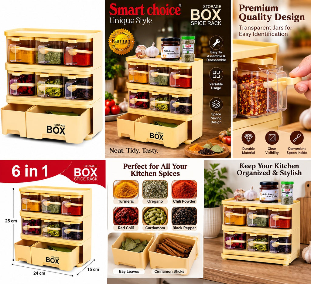 Premium 6-Jar Spice Rack & Kitchen Storage Organizer with Pull-Out Drawers