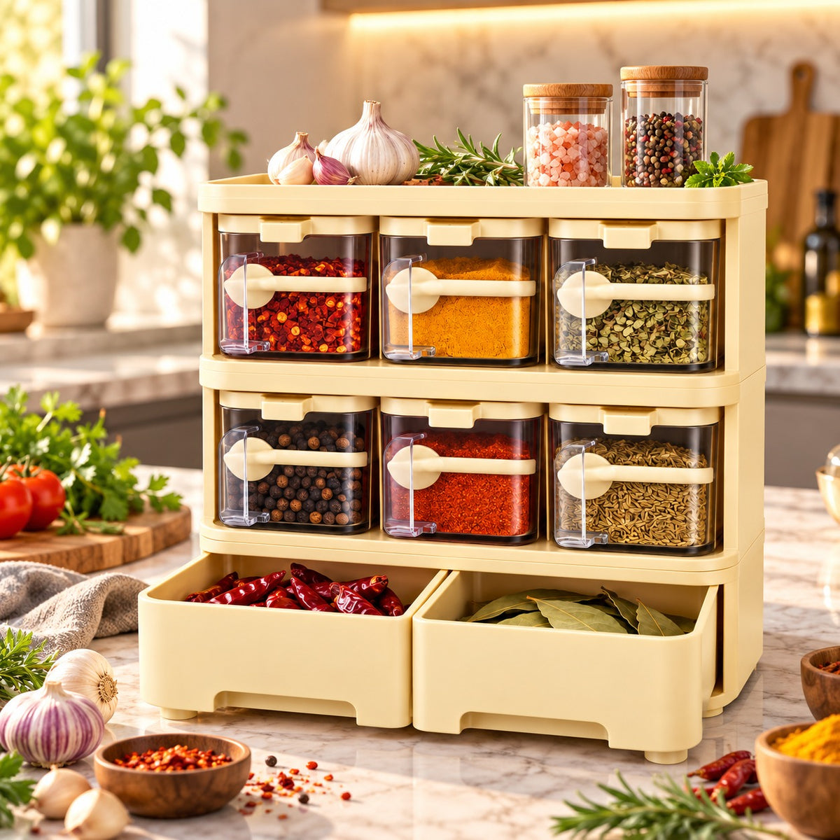 Premium 6-Jar Spice Rack & Kitchen Storage Organizer with Pull-Out Drawers