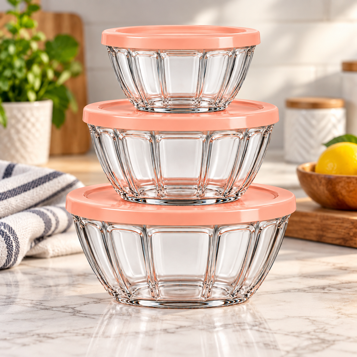 Three glass food storage bowls with peach lids in a styled kitchen scene