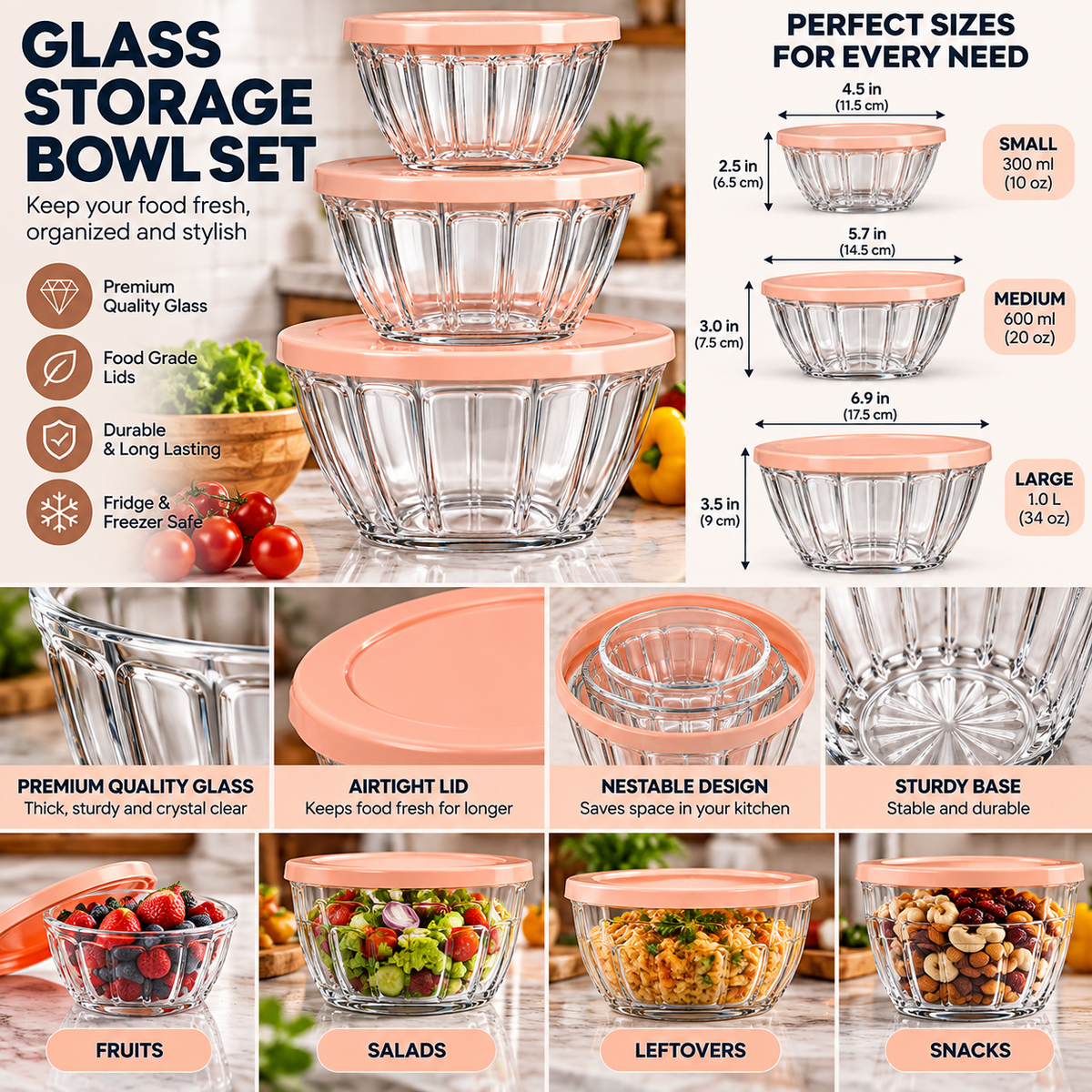 Promotional illustration of three glass bowls with lids and serving examples; check actual package specifications