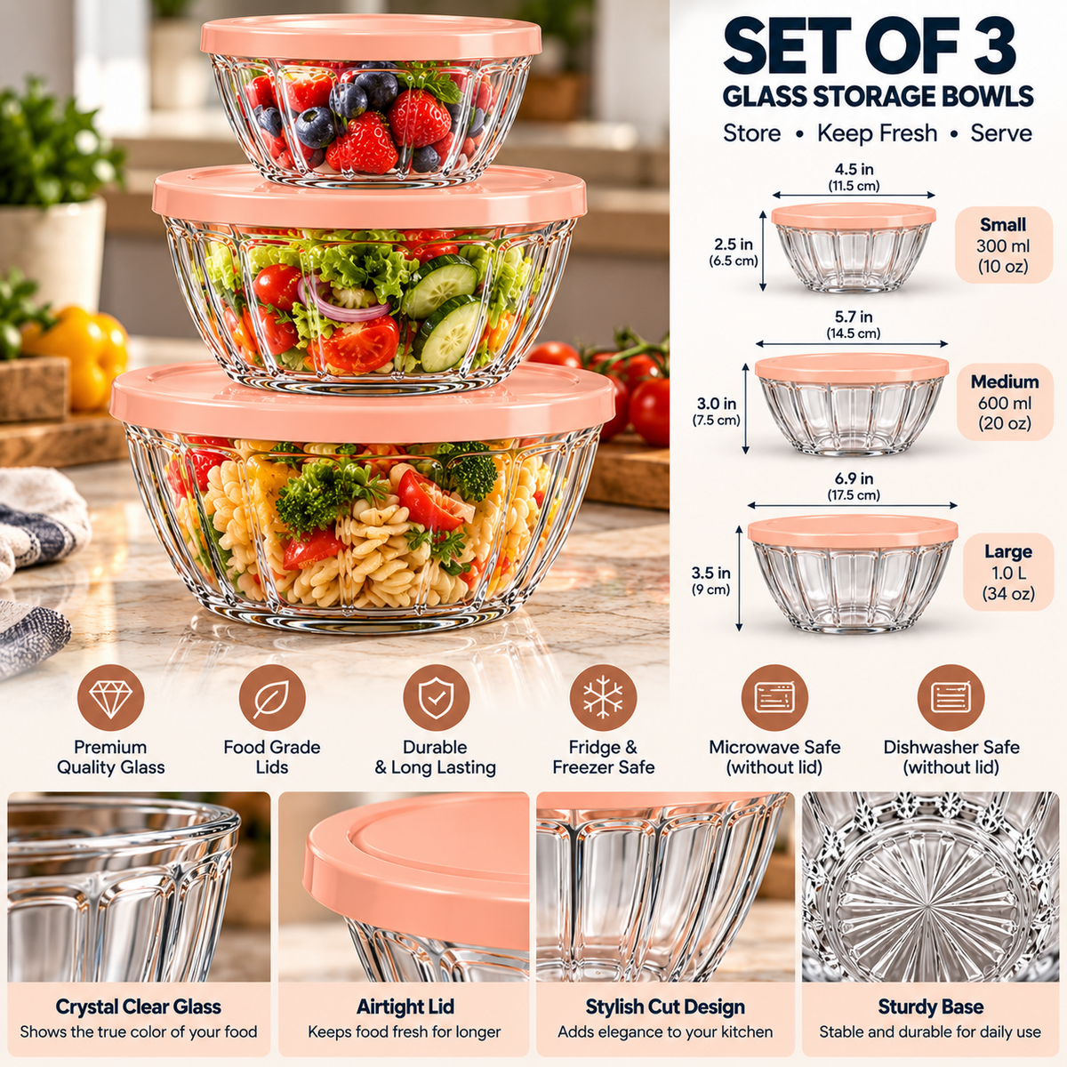 Promotional illustration of bowl sizes and details; measurements and performance claims need manufacturer verification