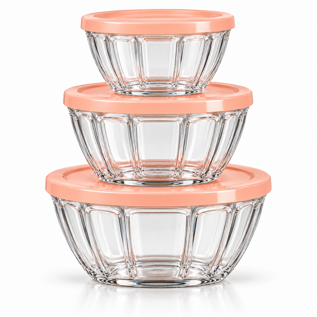 Three clear ribbed glass bowls with matching peach-colour lids, arranged by size on white background