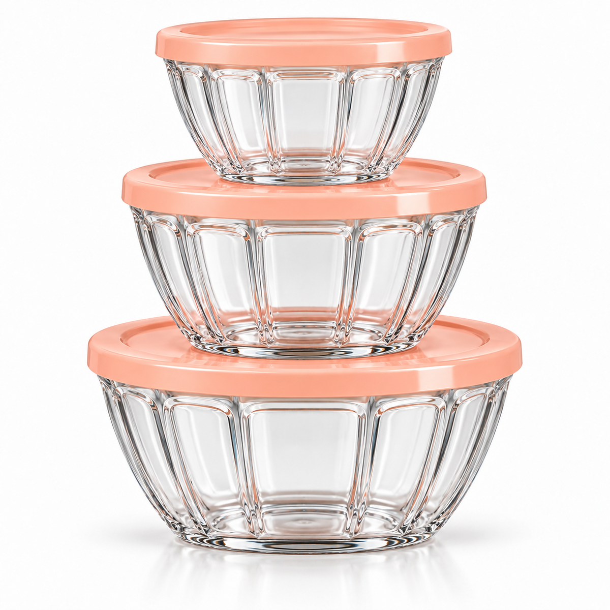 Three clear ribbed glass bowls with matching peach-colour lids, arranged by size on white background