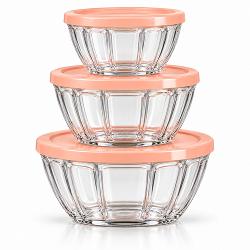 Three clear ribbed glass bowls with matching peach-colour lids, arranged by size on white background