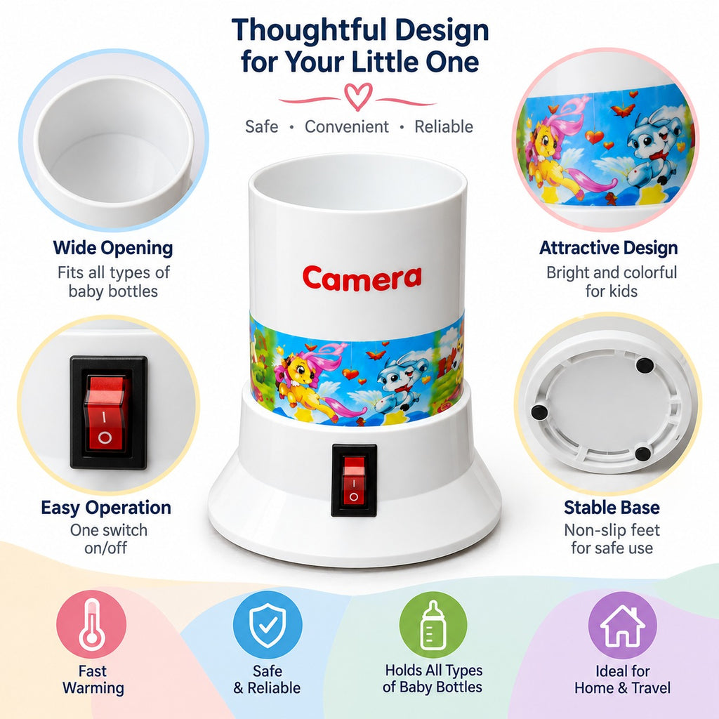 Camera feeder warmer product details including opening, switch and base