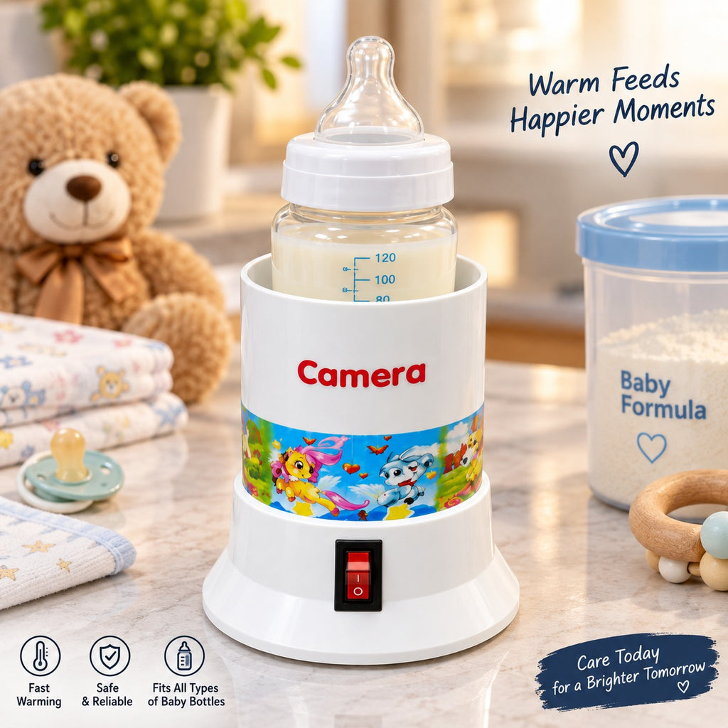 Camera feeder warmer with baby bottle shown for illustration