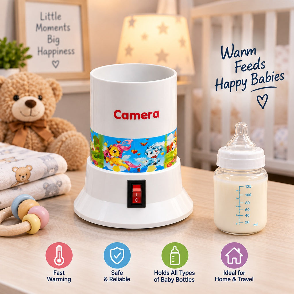 Camera feeder warmer in a nursery setting with baby bottle shown for illustration