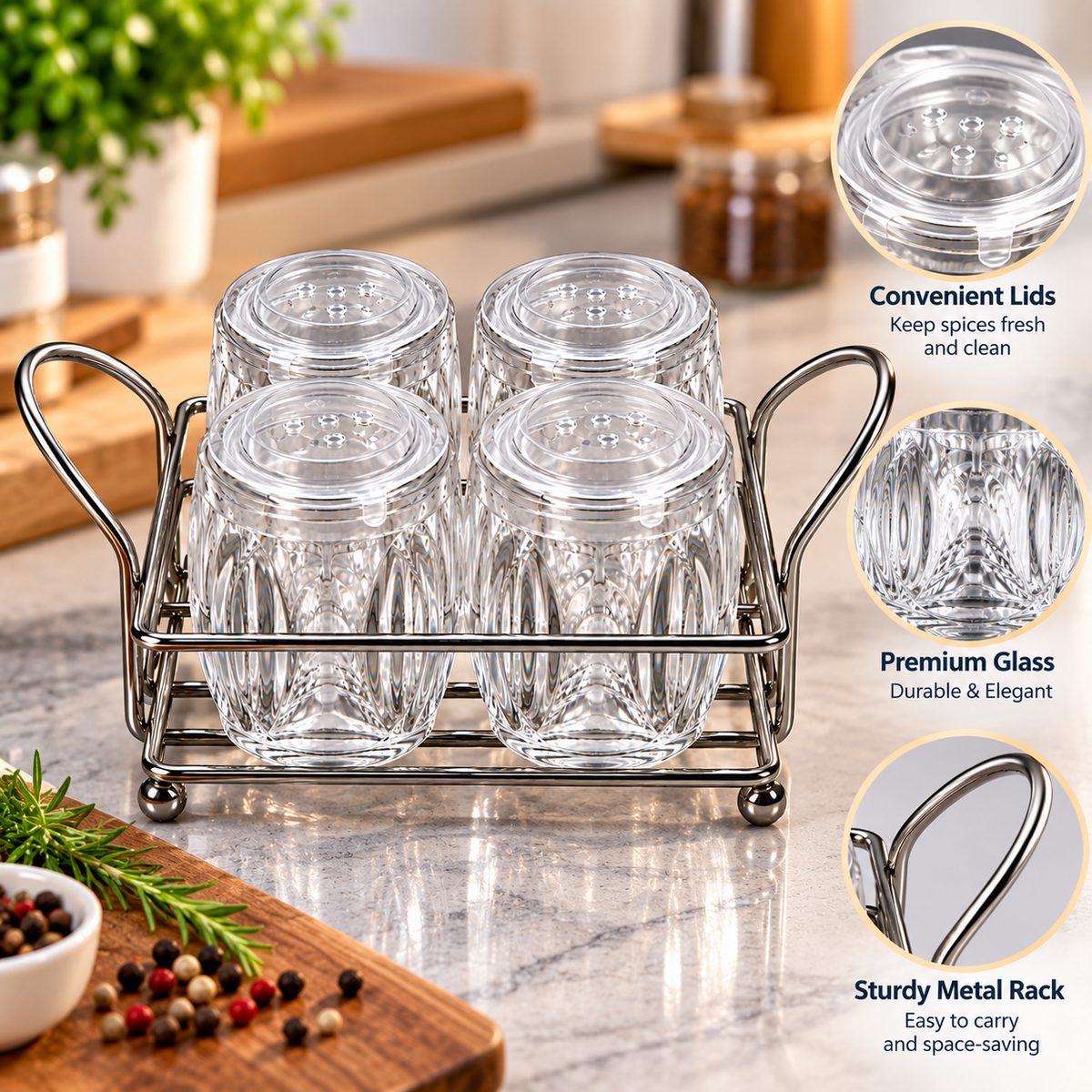 Illustrated close-up details of glass jars, perforated lids and metal carrying rack