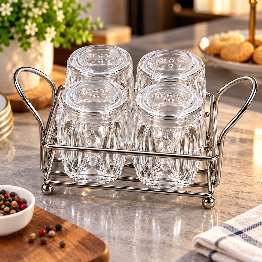 Four glass spice jars on a metal stand in a styled kitchen counter setting