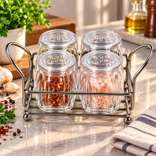 Styled kitchen scene featuring a four-jar glass spice set and metal stand; spices are display props