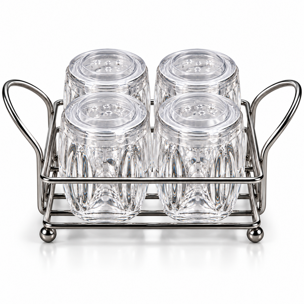 Four clear ribbed glass spice jars with perforated lids arranged in a silver-colour metal rack on white background