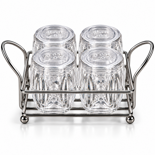 Four clear ribbed glass spice jars with perforated lids arranged in a silver-colour metal rack on white background