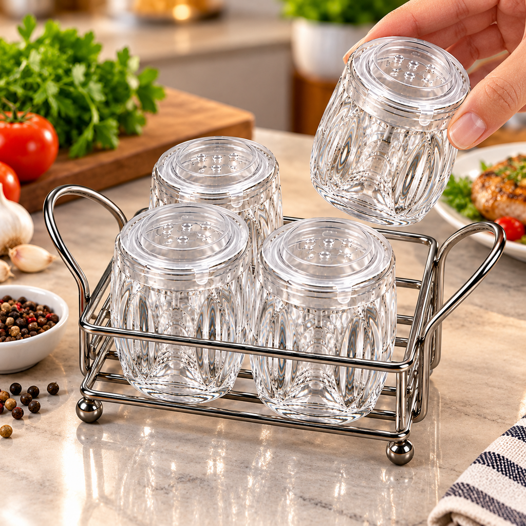 Hand lifting one shaker-style glass spice jar from the metal rack