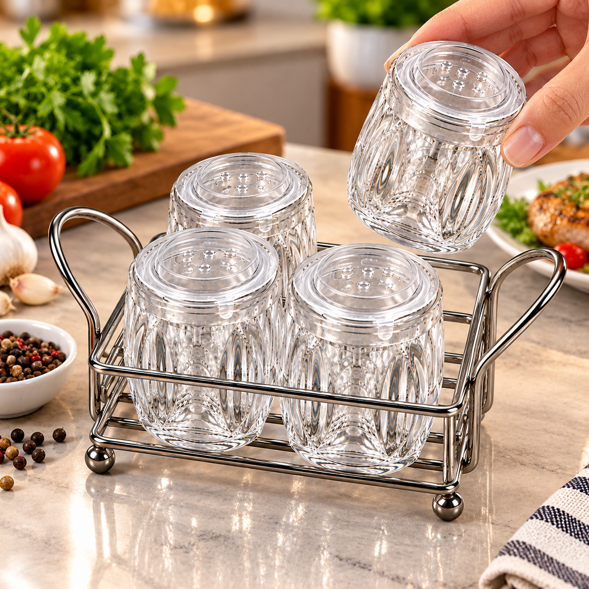 Hand lifting one shaker-style glass spice jar from the metal rack