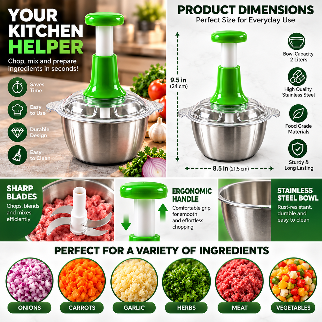 Promotional product illustration showing chopper appearance and indicative specifications; refer to supplied instructions