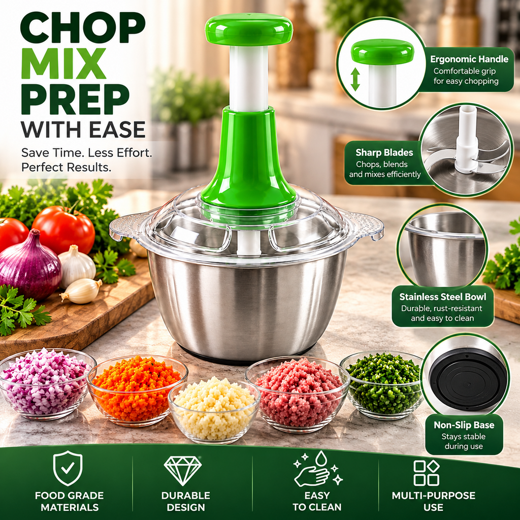 Promotional feature illustration showing hand-press design and chopper components