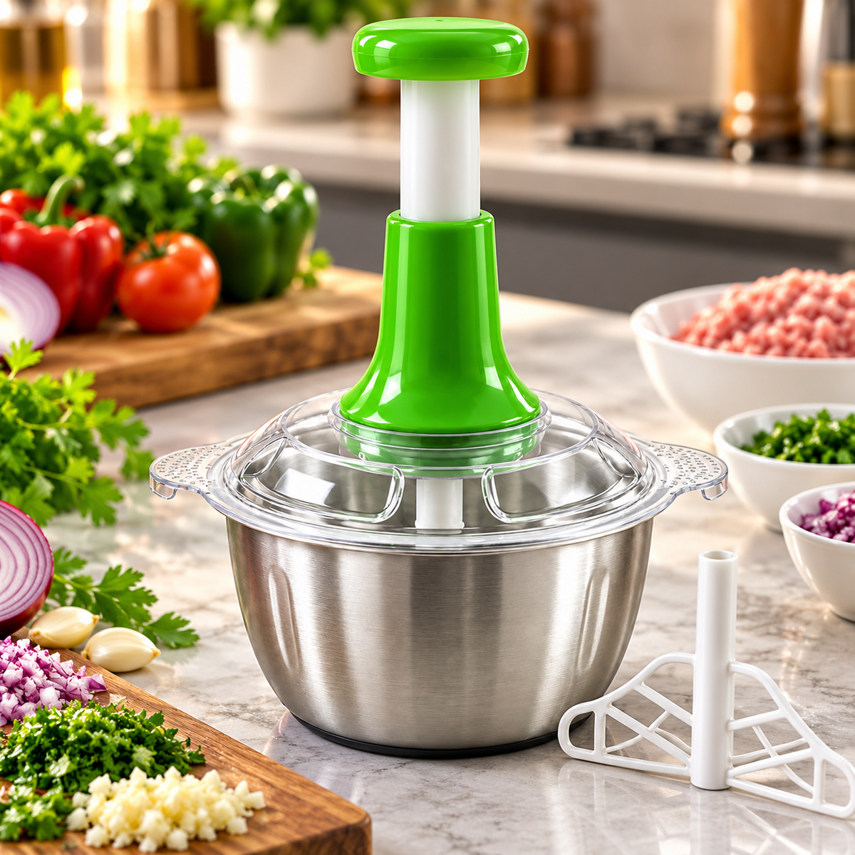 Manual hand chopper in a styled home kitchen; ingredients and other props shown for illustration