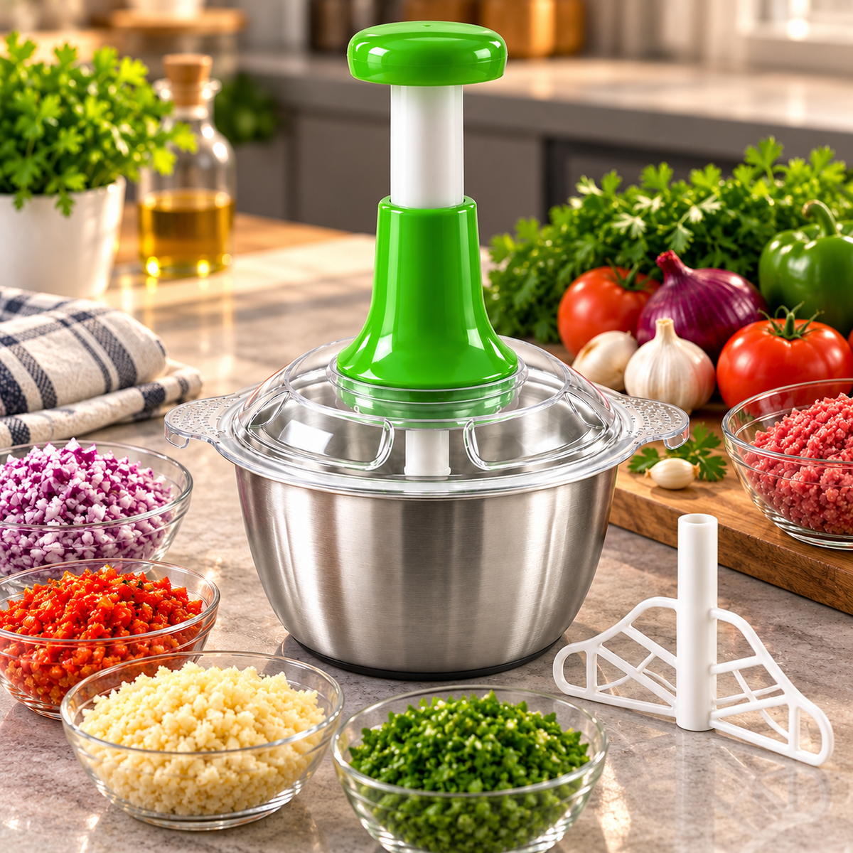 Green press-handle manual food chopper with clear lid and stainless steel bowl in a kitchen setting