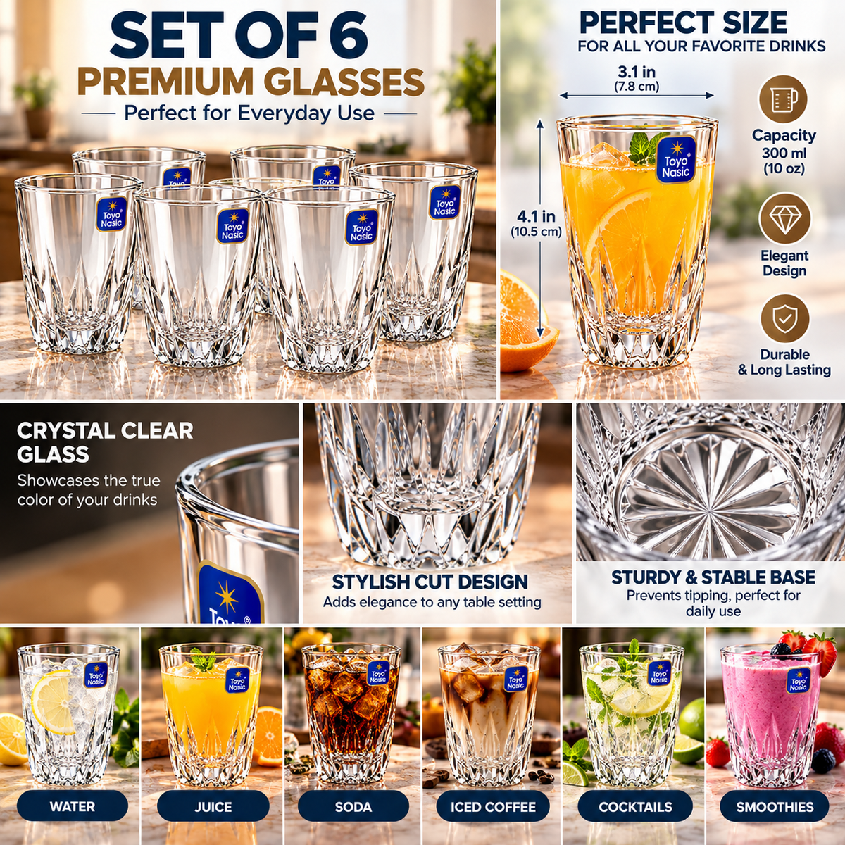 Clear faceted Toyo Nasic drinking glass with orange juice and ice