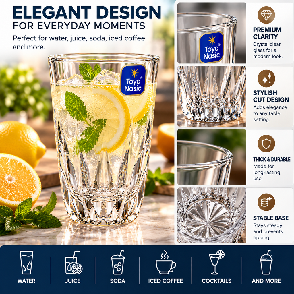 Toyo Nasic faceted glasses styled with assorted cold drinks