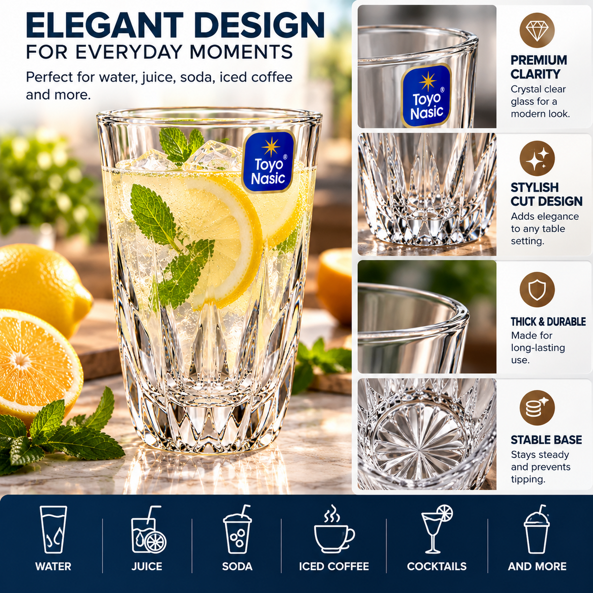 Toyo Nasic faceted glasses styled with assorted cold drinks